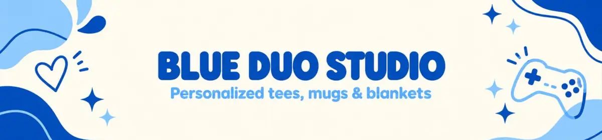Blue Duo Studio. Personalized tees, mugs and blankets. Our original blue-and-cream Etsy banner with a heart, gaming controller and sparkles.